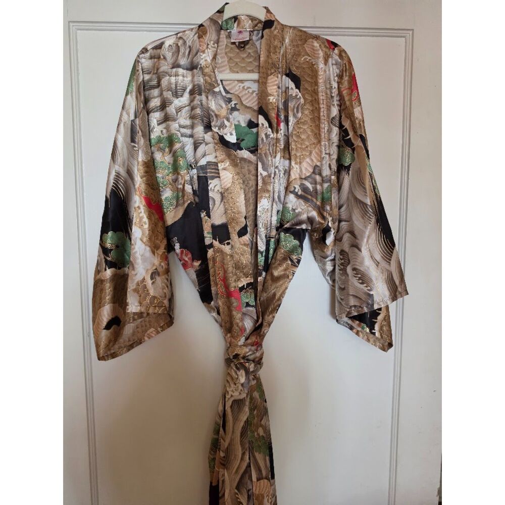 100% SILK Long Sakurai Shoji Kimono Robe Japan No Size Gold Black